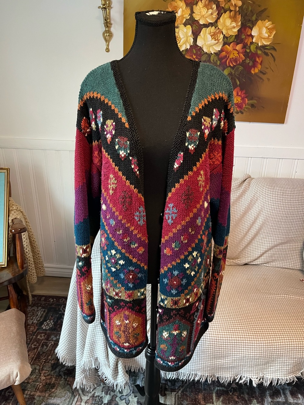 Ivy Multicolor V-Neck Vintage Button Cardigan Sweater Hand Knit Cotton Blend L